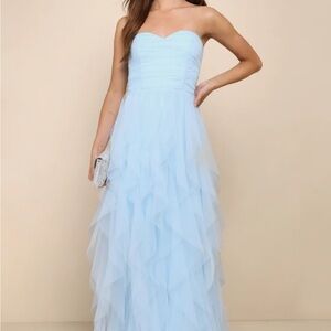 Lulu's Strapless Light Blue Mesh Layered Strapless Tulle Gown Delightful Beauty